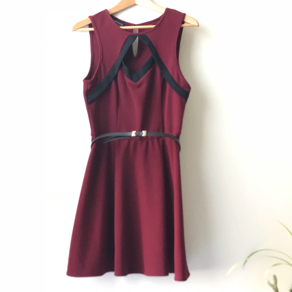 Ambiance maroon fit & flare dress with belt
